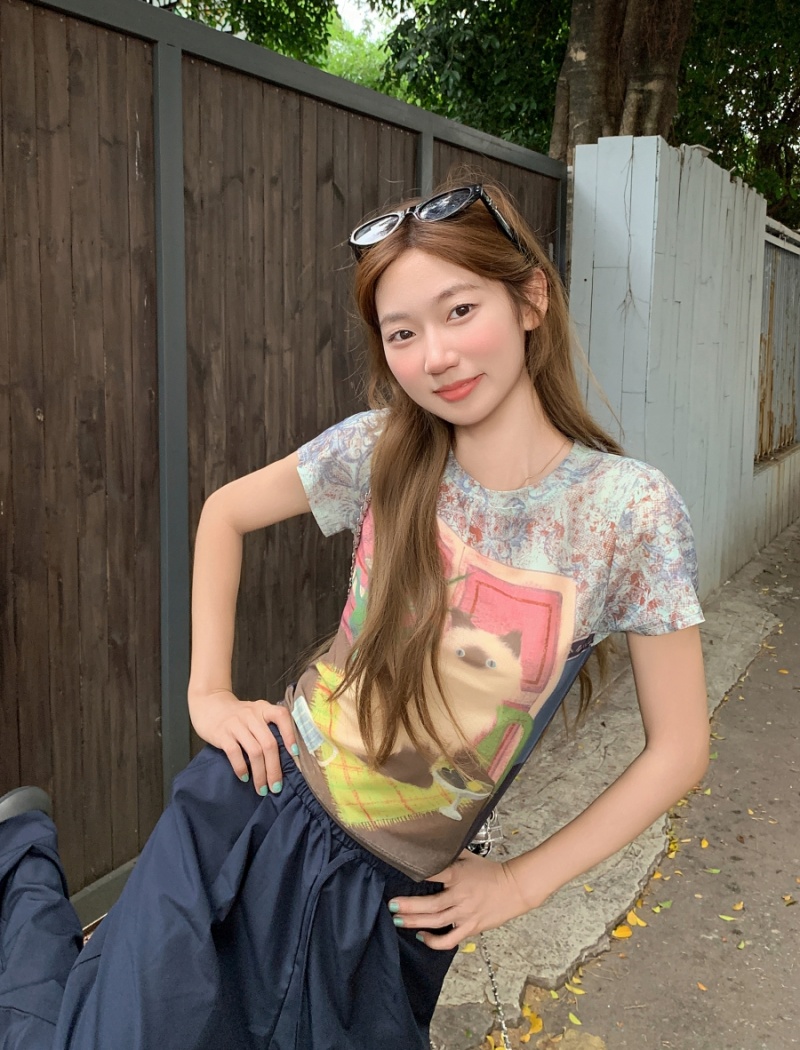 Gauze short tops summer American style T-shirt for women
