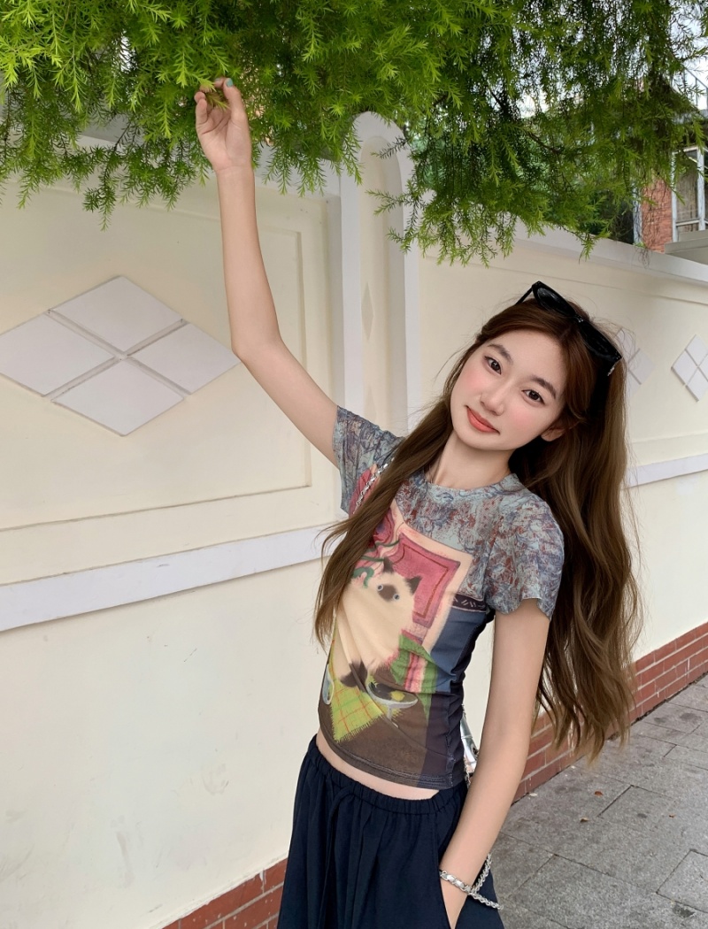 Gauze short tops summer American style T-shirt for women