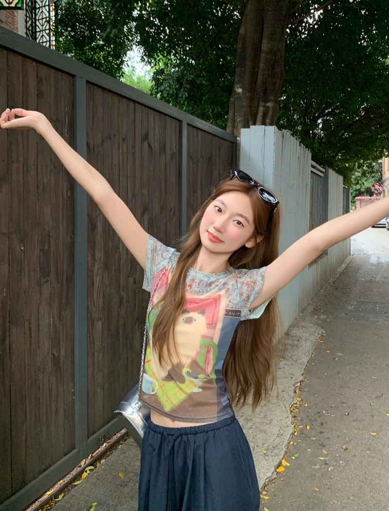 Gauze short tops summer American style T-shirt for women
