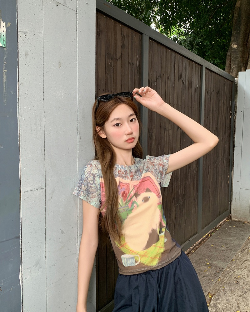 Gauze short tops summer American style T-shirt for women