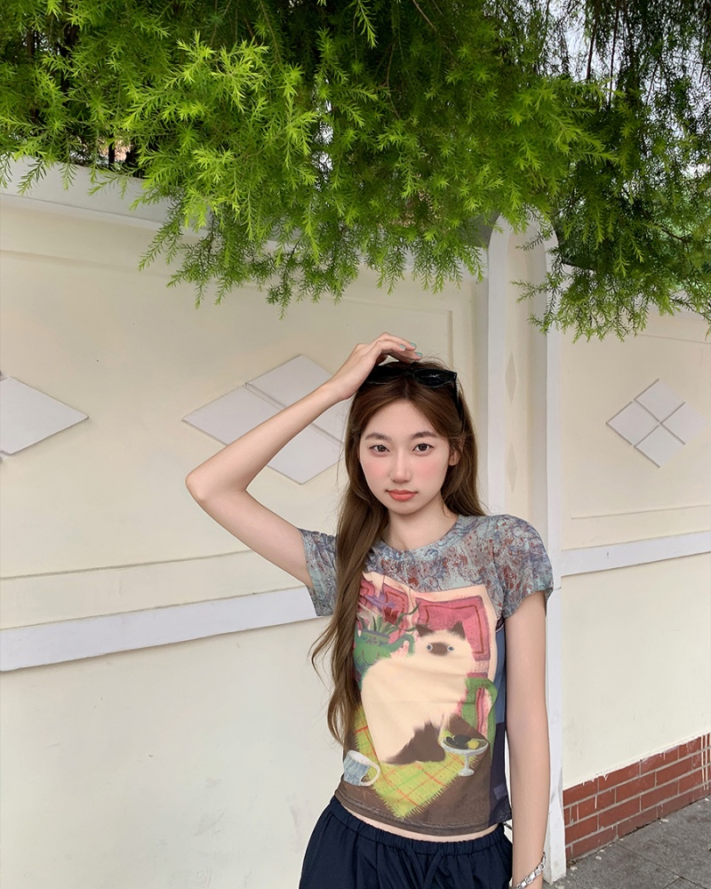 Gauze short tops summer American style T-shirt for women