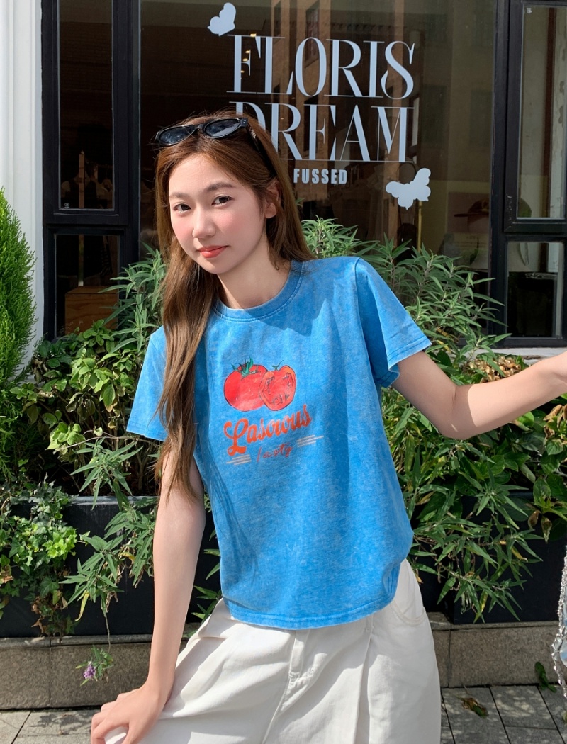 Slim blue tops small summer T-shirt for women