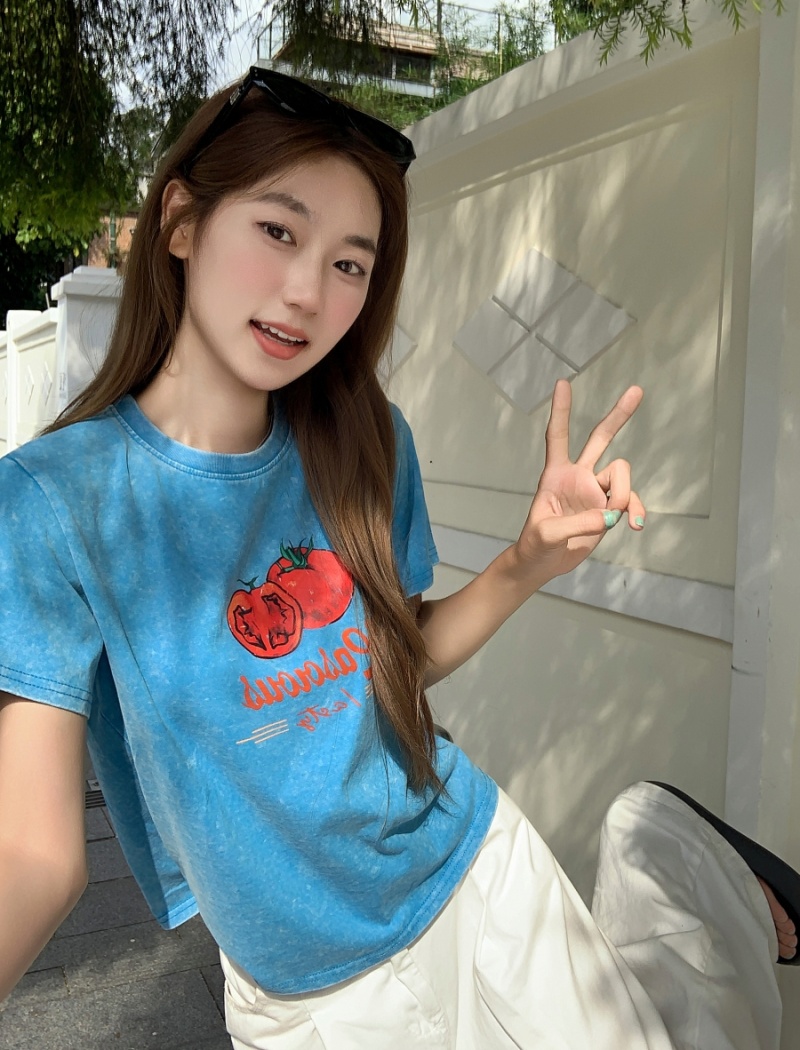 Slim blue tops small summer T-shirt for women