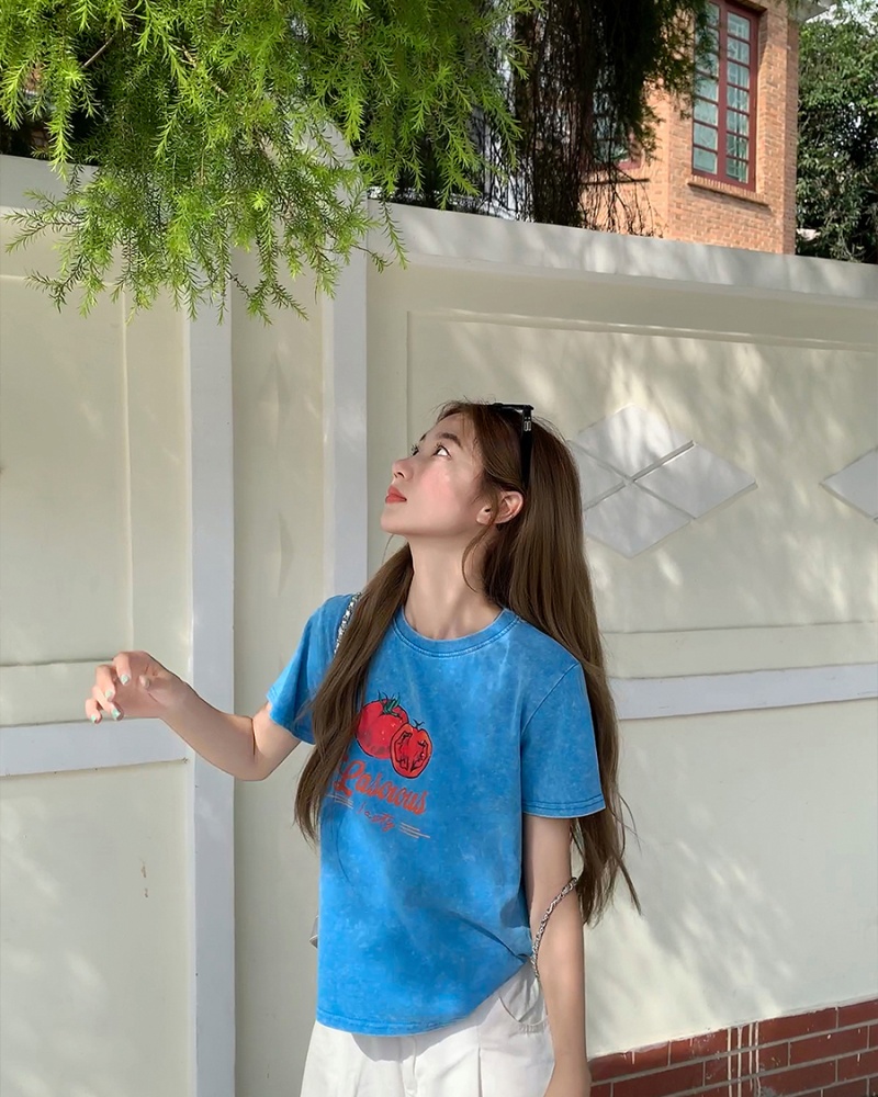 Slim blue tops small summer T-shirt for women