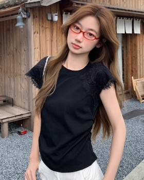Fold short sleeve boats sleeve T-shirt slim lace small shirt