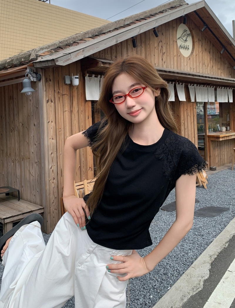 Fold short sleeve boats sleeve T-shirt slim lace small shirt