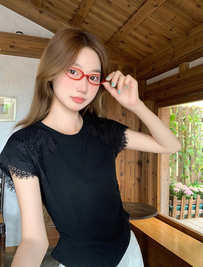 Fold short sleeve boats sleeve T-shirt slim lace small shirt