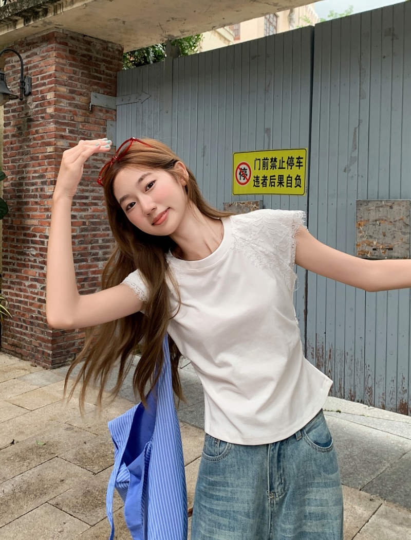 Fold short sleeve boats sleeve T-shirt slim lace small shirt