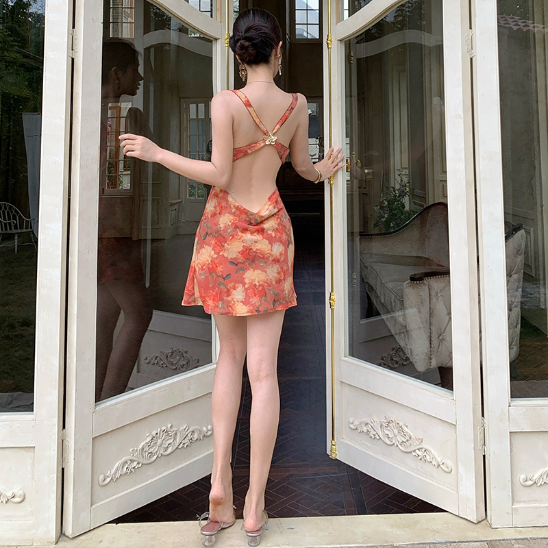 Vacation sling dress floral sexy T-back for women