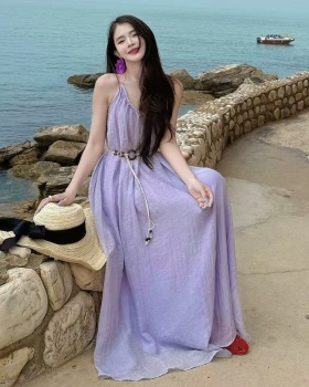 Purple halter seaside dress summer slim sling long dress