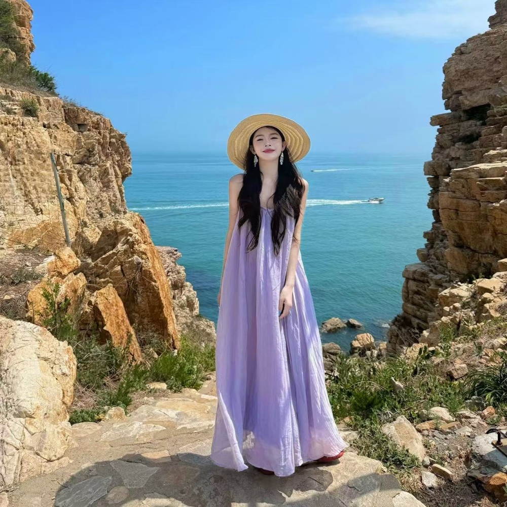 Purple halter seaside dress summer slim sling long dress