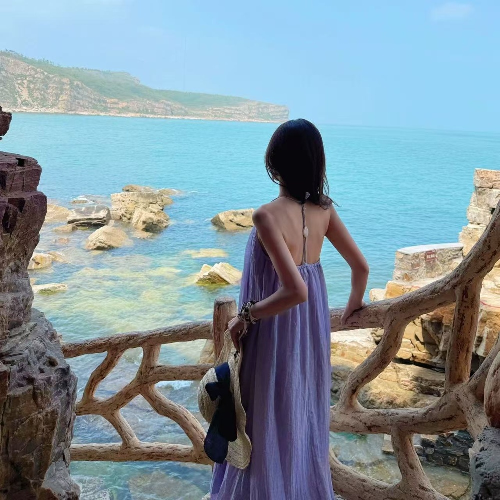 Purple halter seaside dress summer slim sling long dress