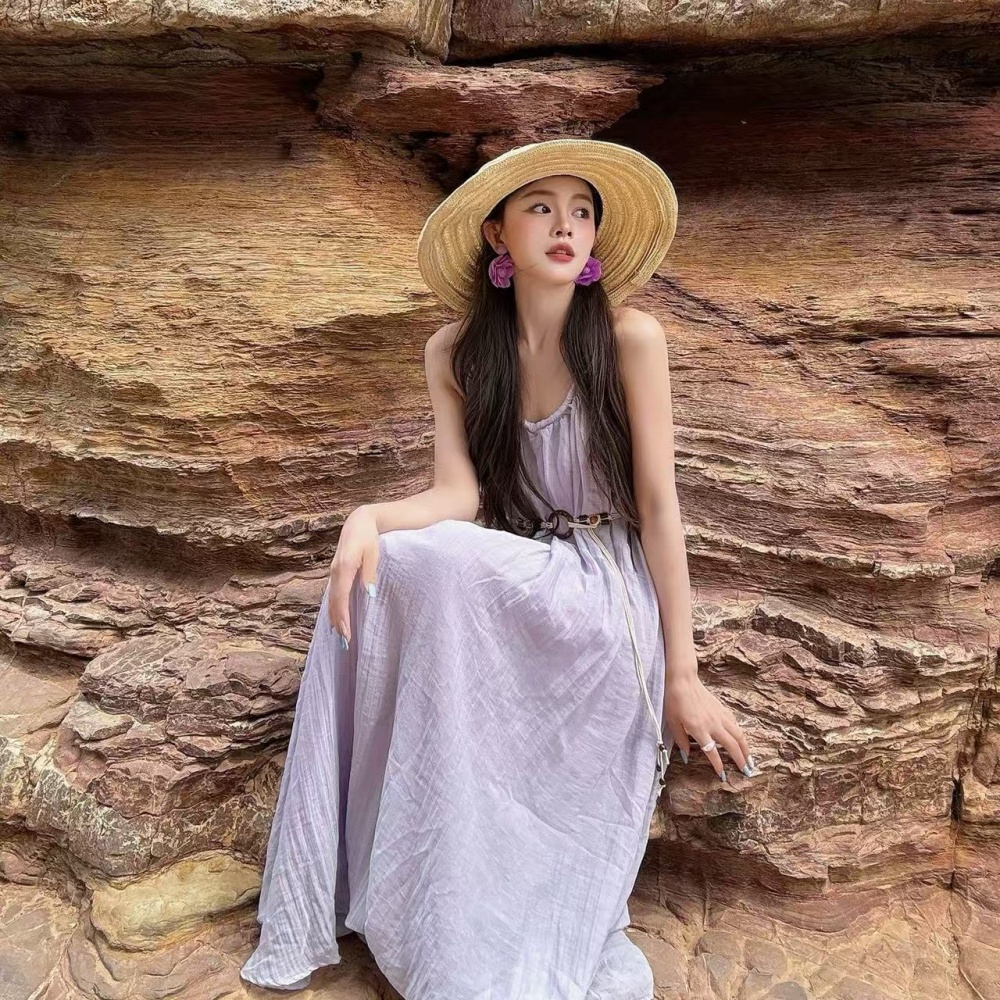 Purple halter seaside dress summer slim sling long dress