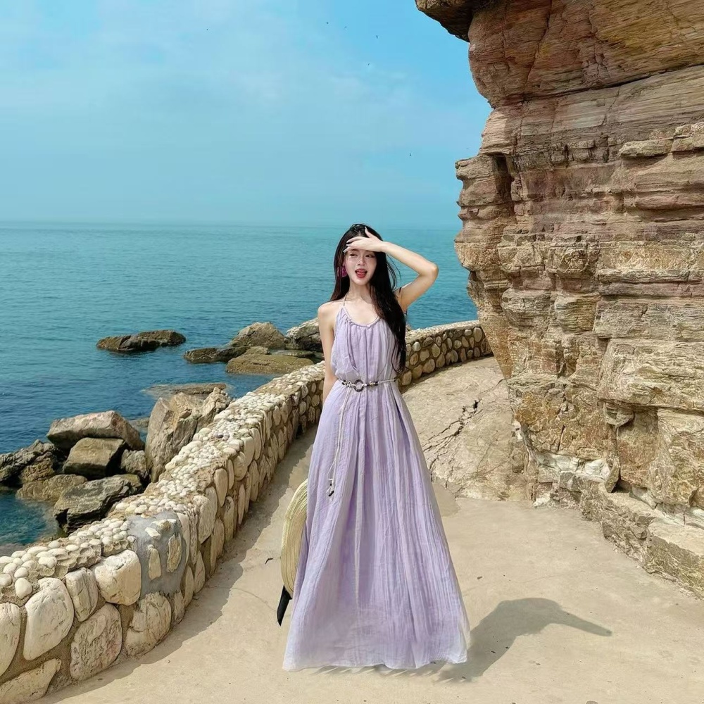 Purple halter seaside dress summer slim sling long dress