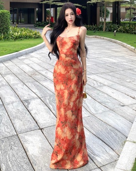 Red halter vacation dress sexy seaside floral strap dress