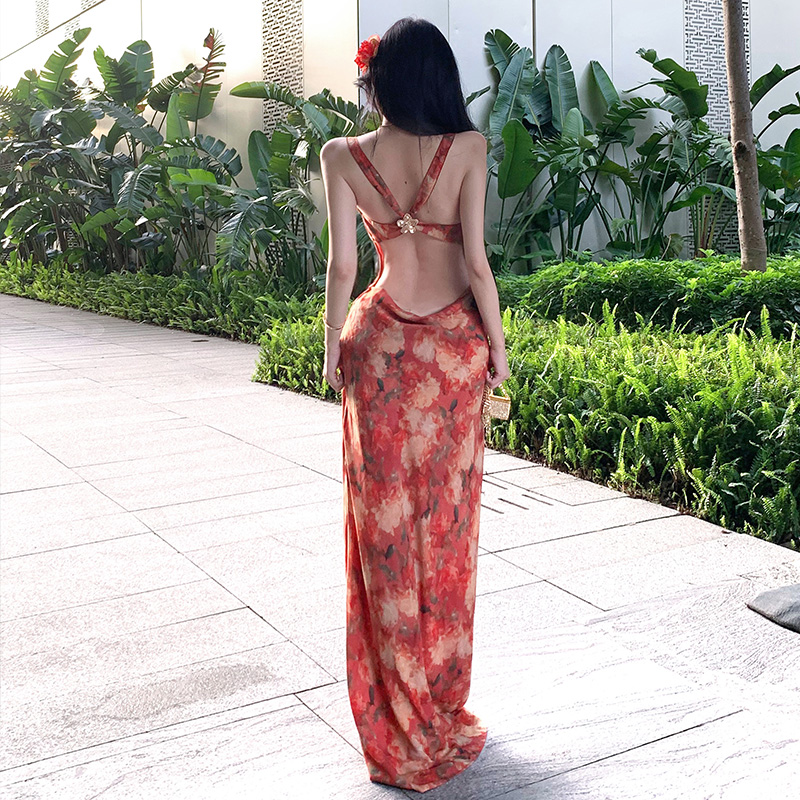 Red halter vacation dress sexy seaside floral strap dress
