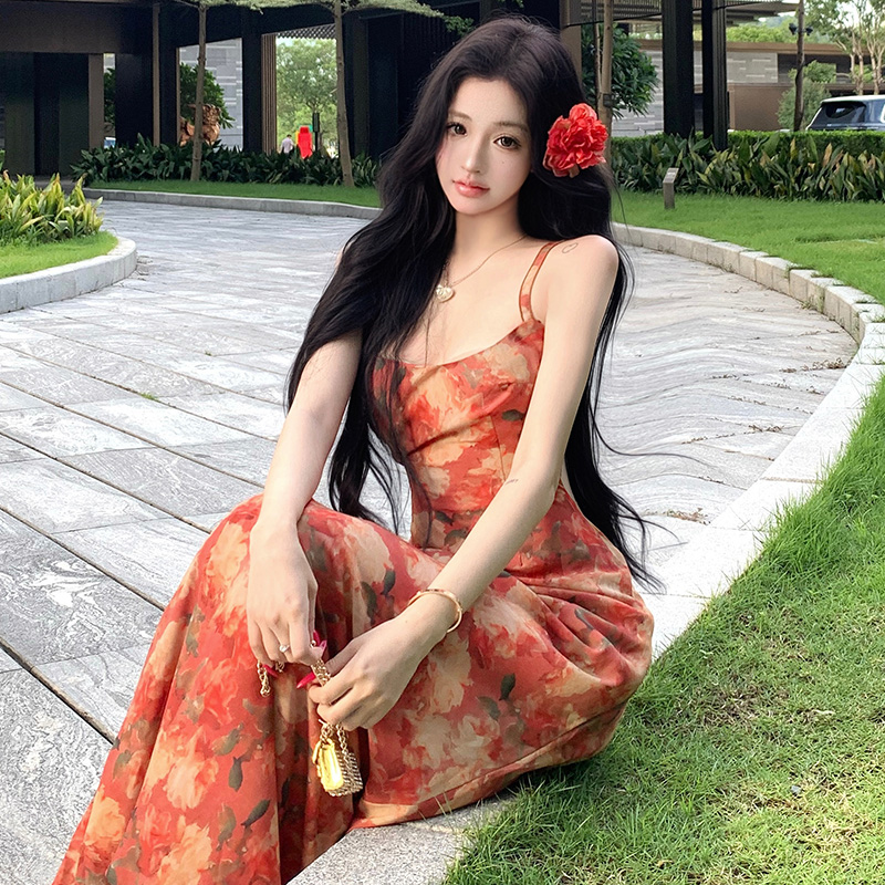 Red halter vacation dress sexy seaside floral strap dress