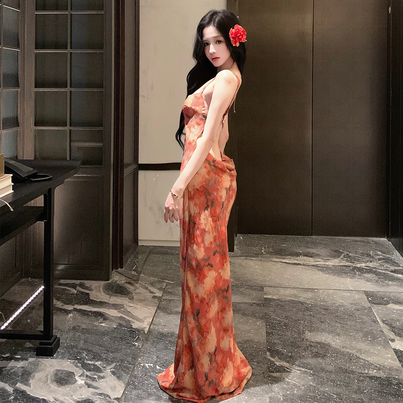Red halter vacation dress sexy seaside floral strap dress