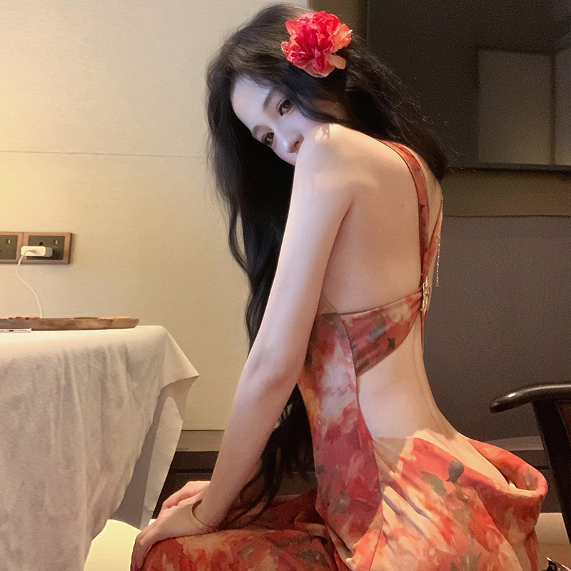 Red halter vacation dress sexy seaside floral strap dress