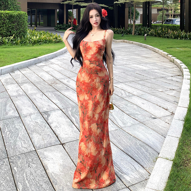Red halter vacation dress sexy seaside floral strap dress