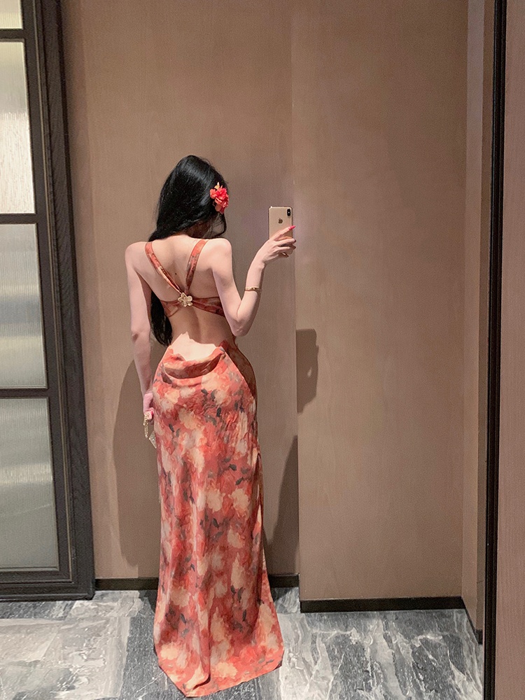 Red halter vacation dress sexy seaside floral strap dress