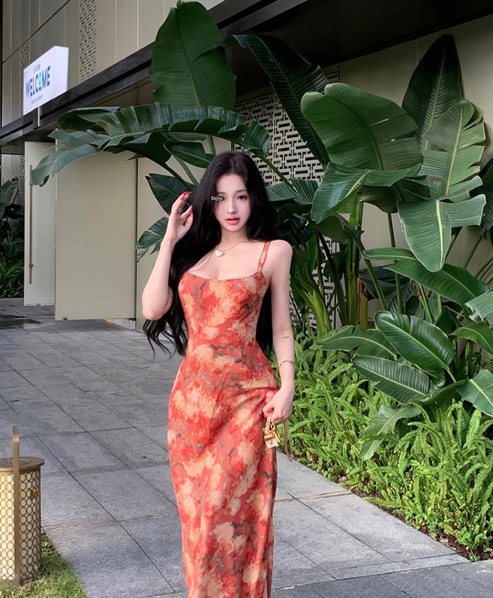 Red halter vacation dress sexy seaside floral strap dress