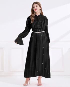 Pinched waist splice lace rhinestone crimp dress