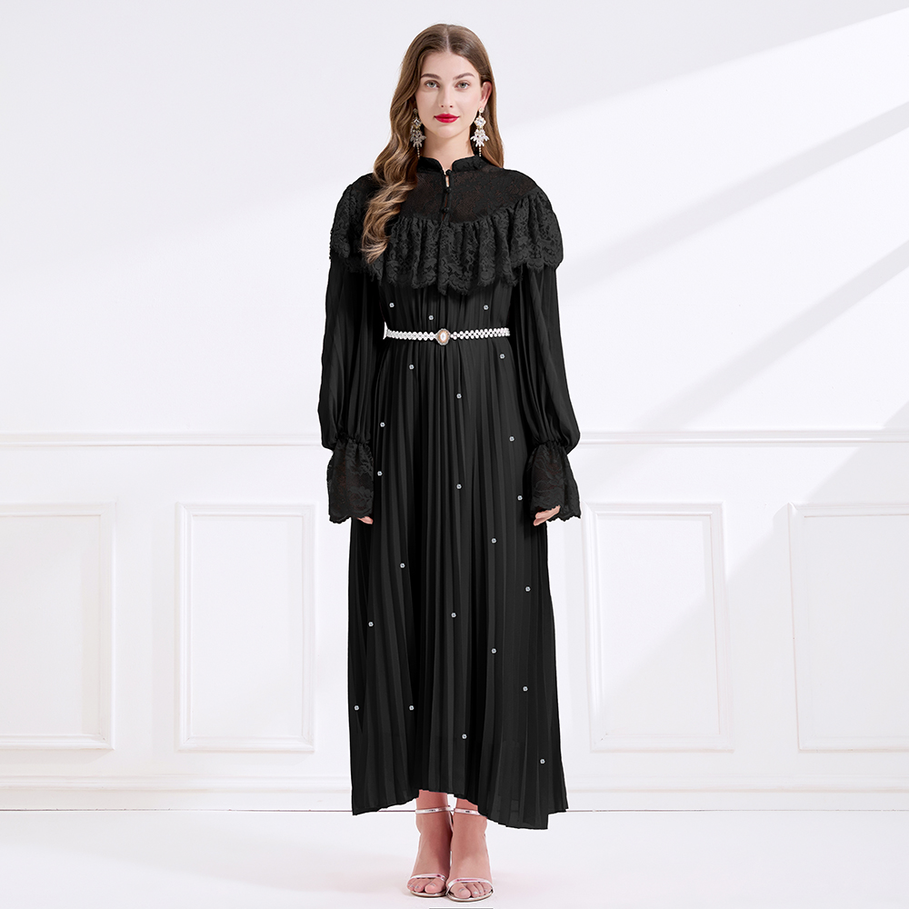 Pinched waist splice lace rhinestone crimp dress
