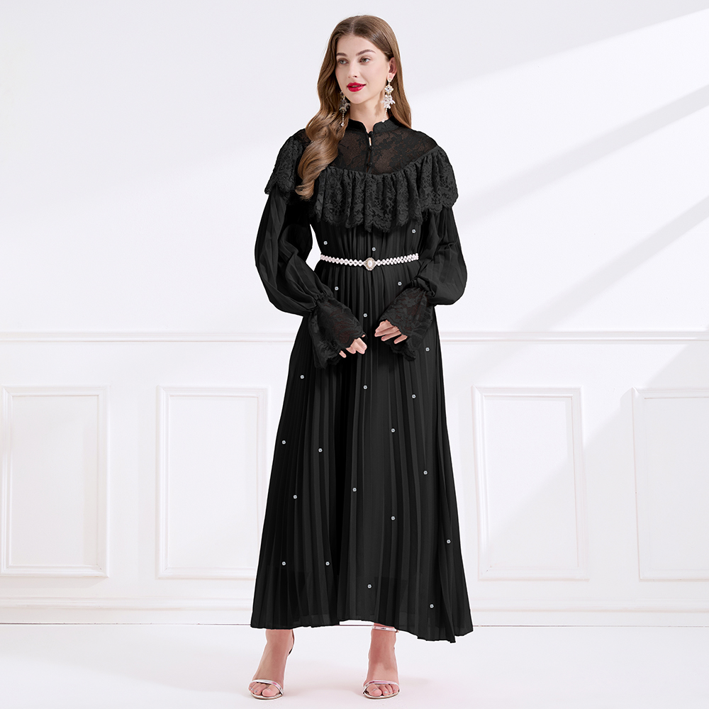 Pinched waist splice lace rhinestone crimp dress