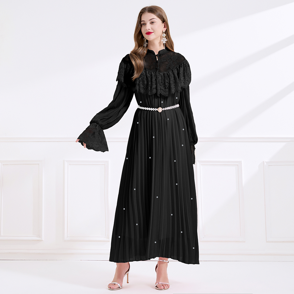Pinched waist splice lace rhinestone crimp dress