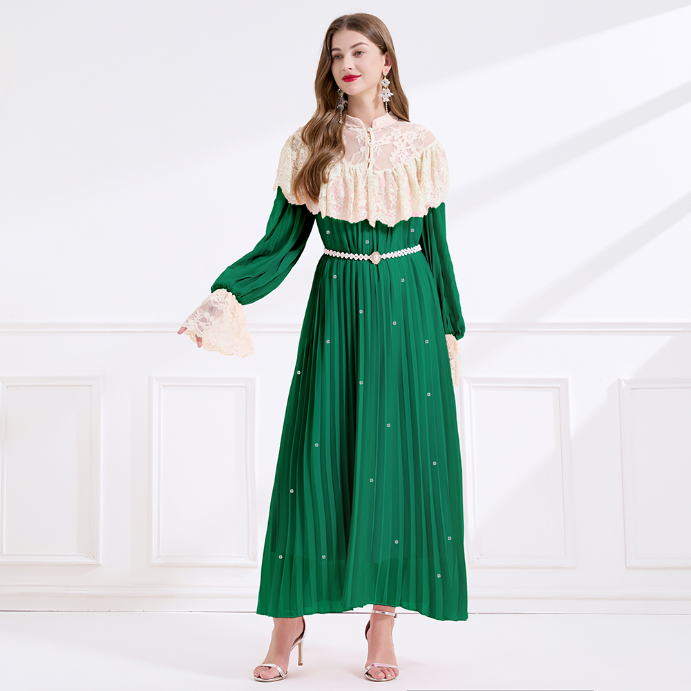 Splice rhinestone court style crimp pinched waist lace dress