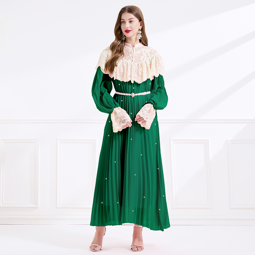 Splice rhinestone court style crimp pinched waist lace dress