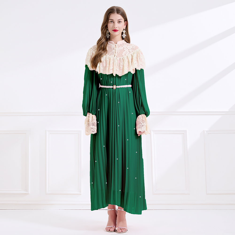 Splice rhinestone court style crimp pinched waist lace dress