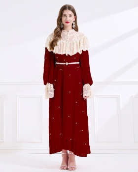 Lace rhinestone splice court style pinched waist dress