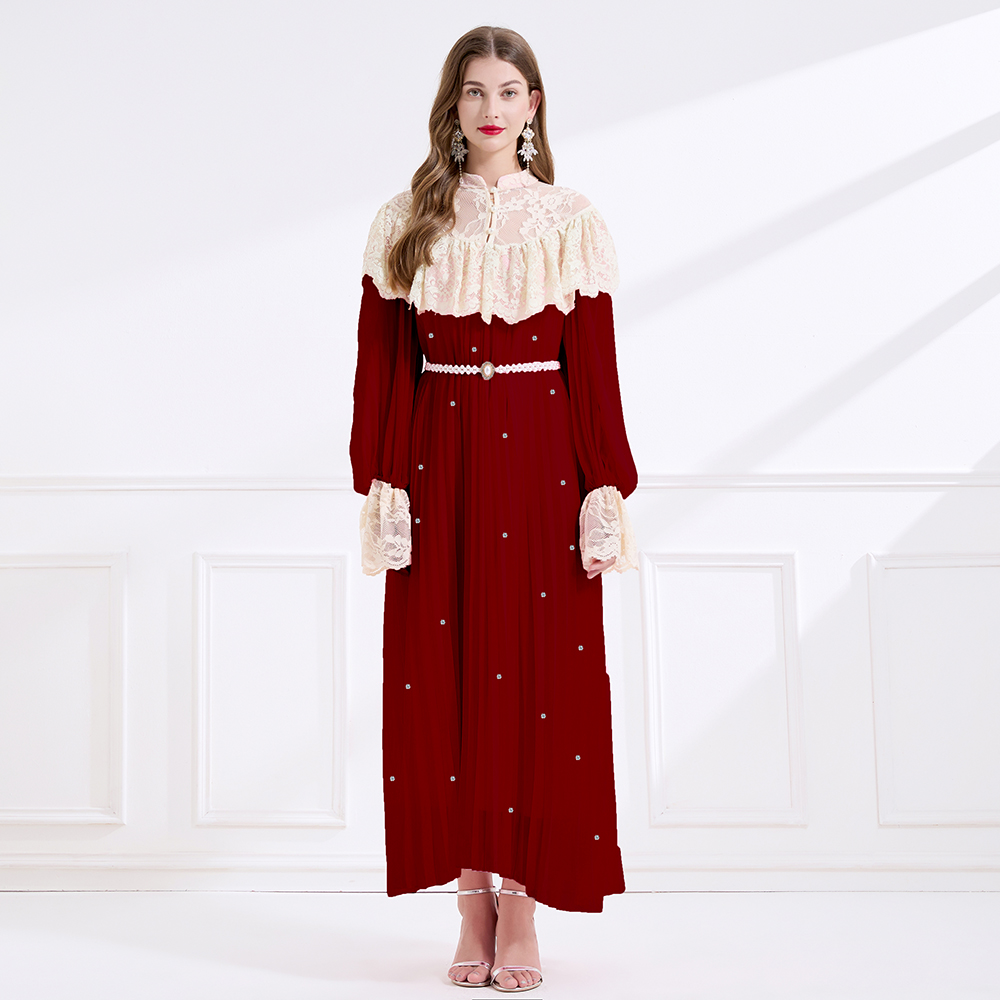 Lace rhinestone splice court style pinched waist dress