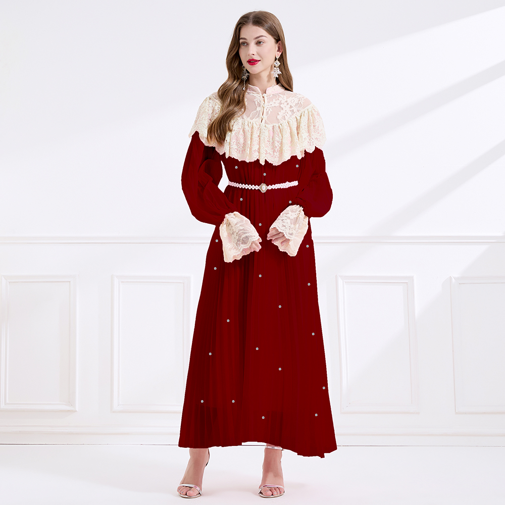 Lace rhinestone splice court style pinched waist dress