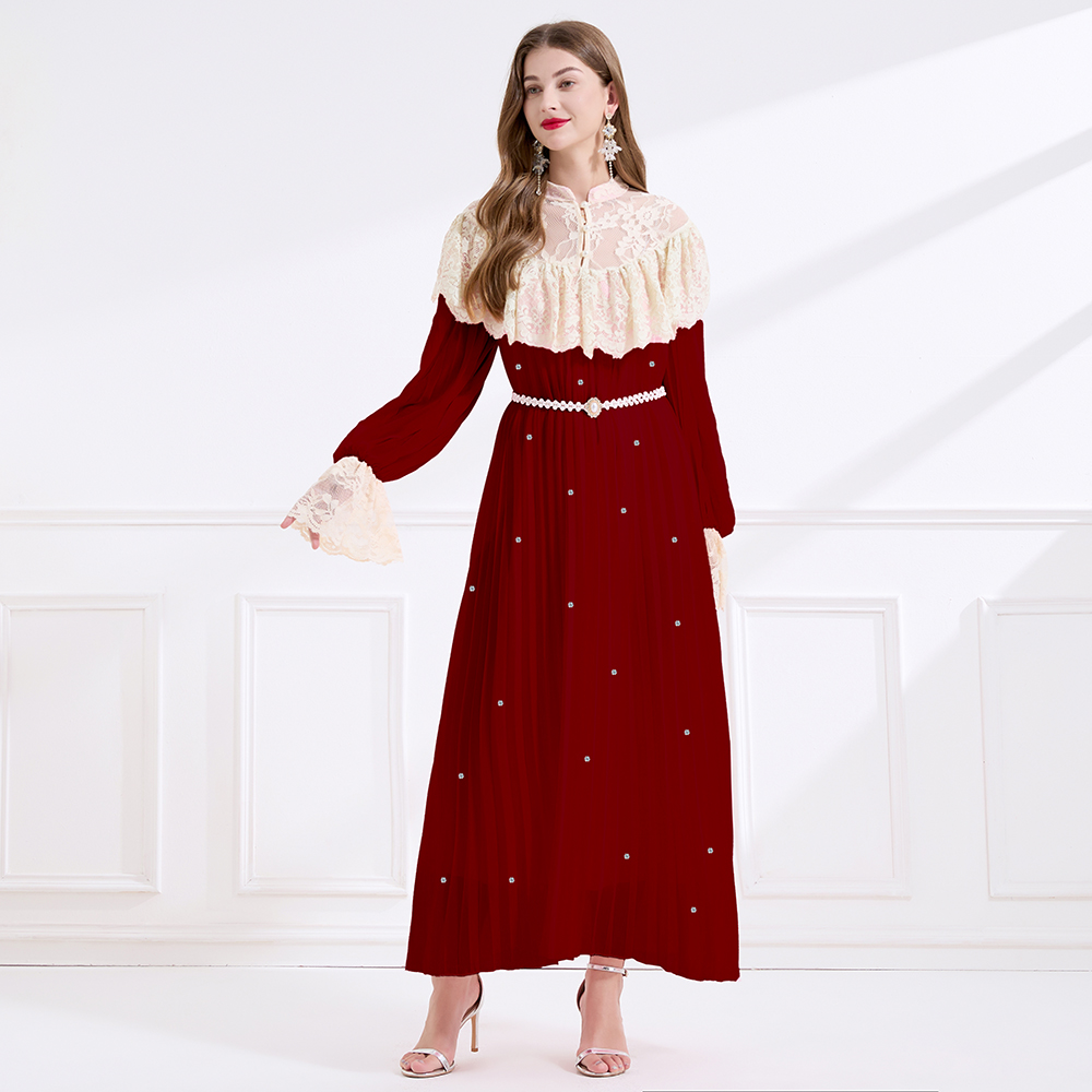 Lace rhinestone splice court style pinched waist dress
