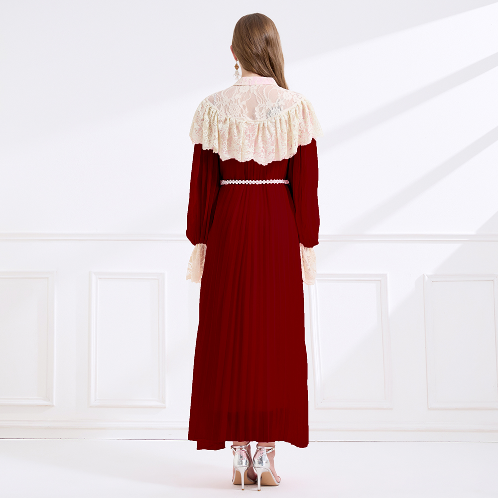 Lace rhinestone splice court style pinched waist dress