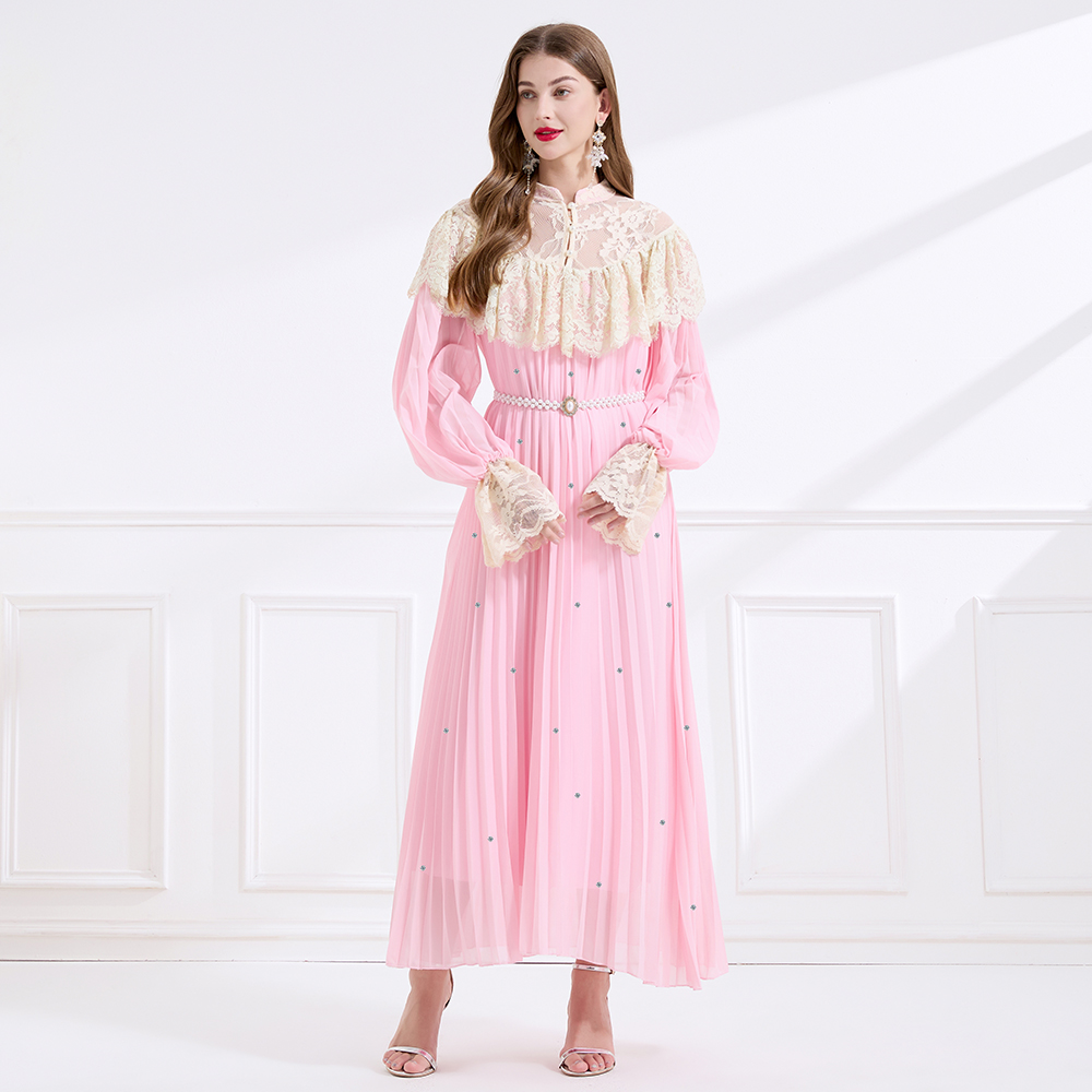 Splice light luxury lace court style A-line dress