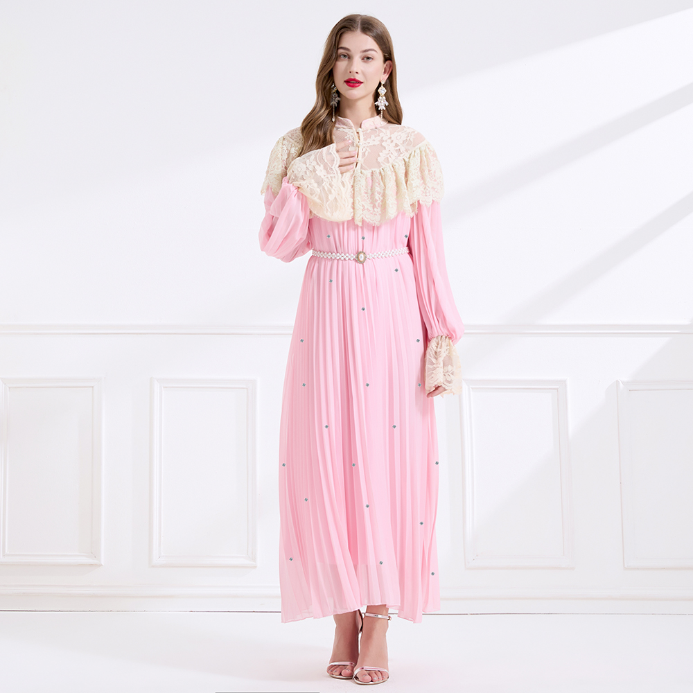 Splice light luxury lace court style A-line dress