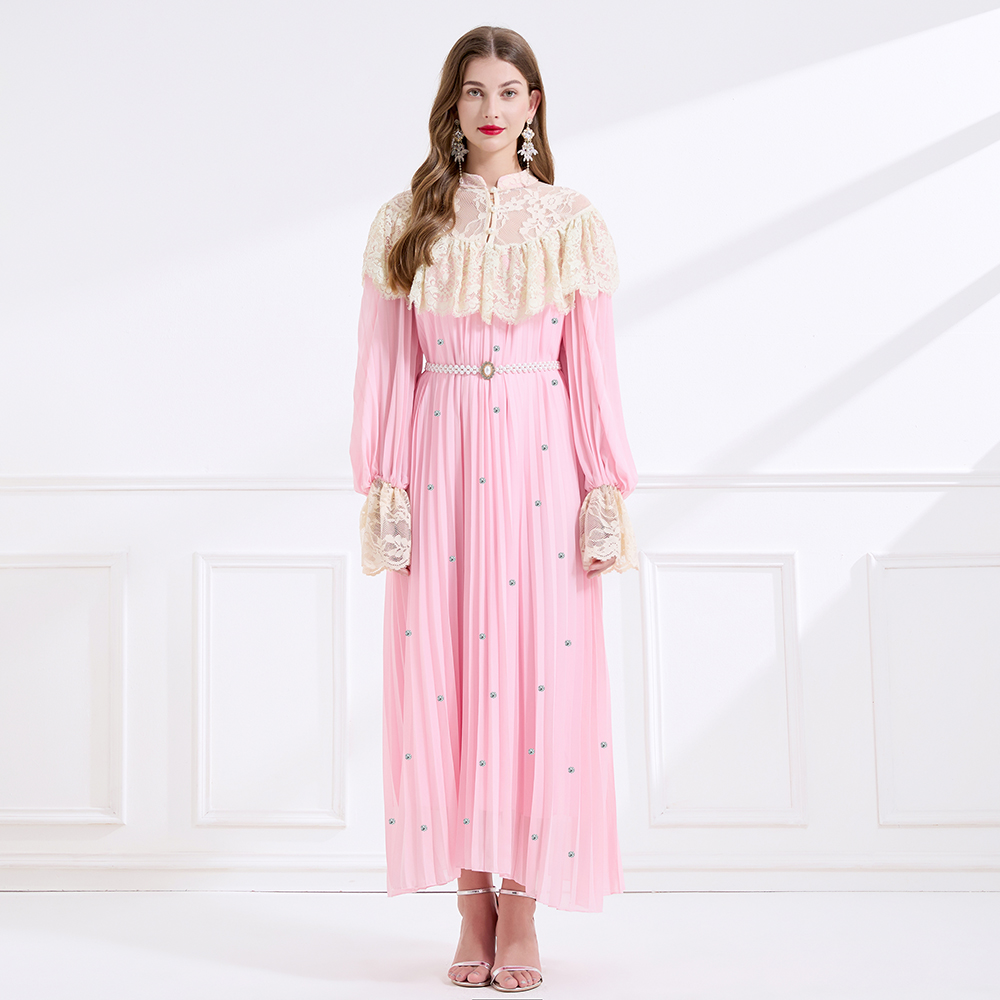 Splice light luxury lace court style A-line dress