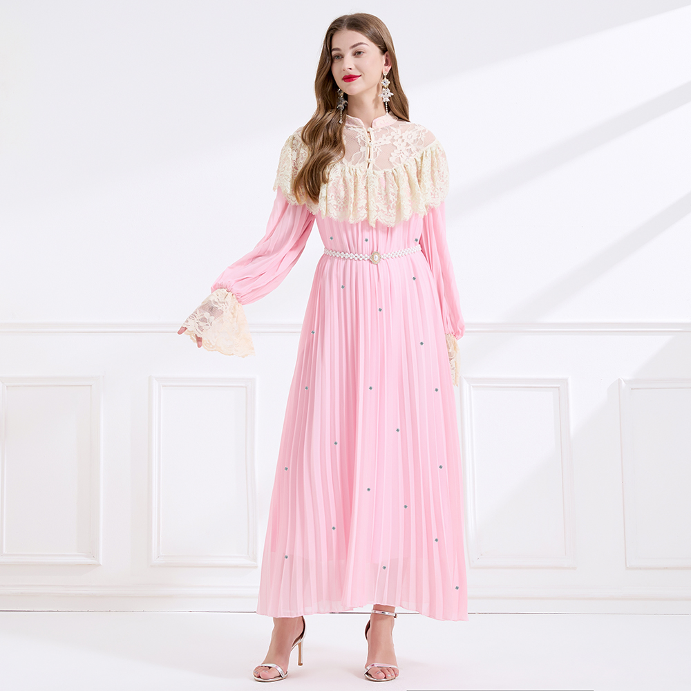 Splice light luxury lace court style A-line dress