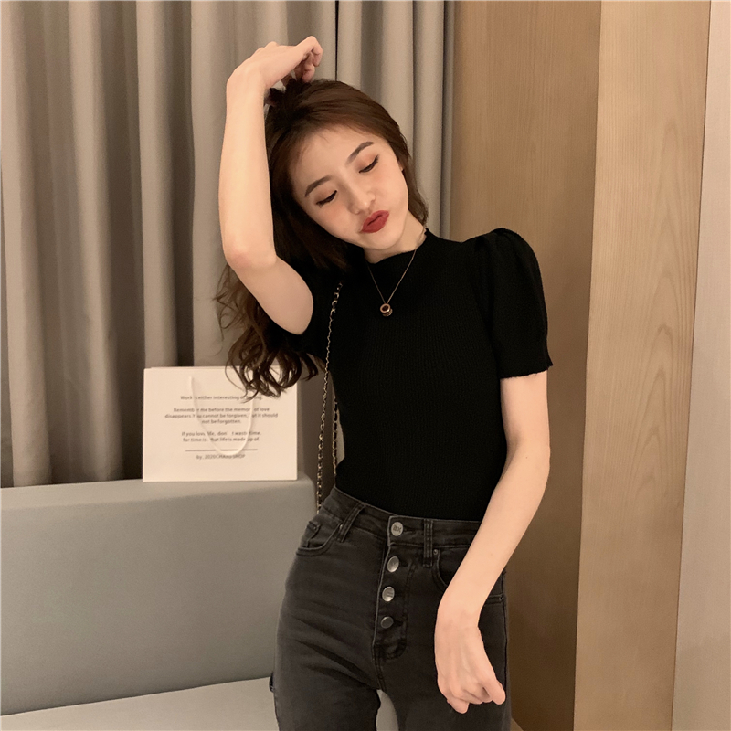 Knitted retro short sleeve summer puff sleeve tops