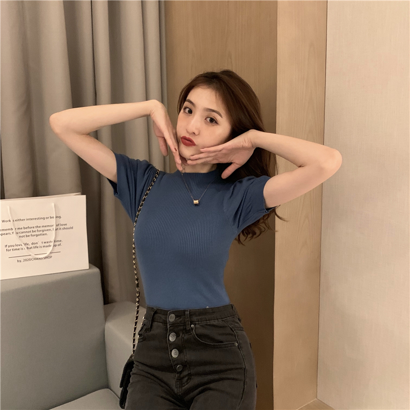 Knitted retro short sleeve summer puff sleeve tops
