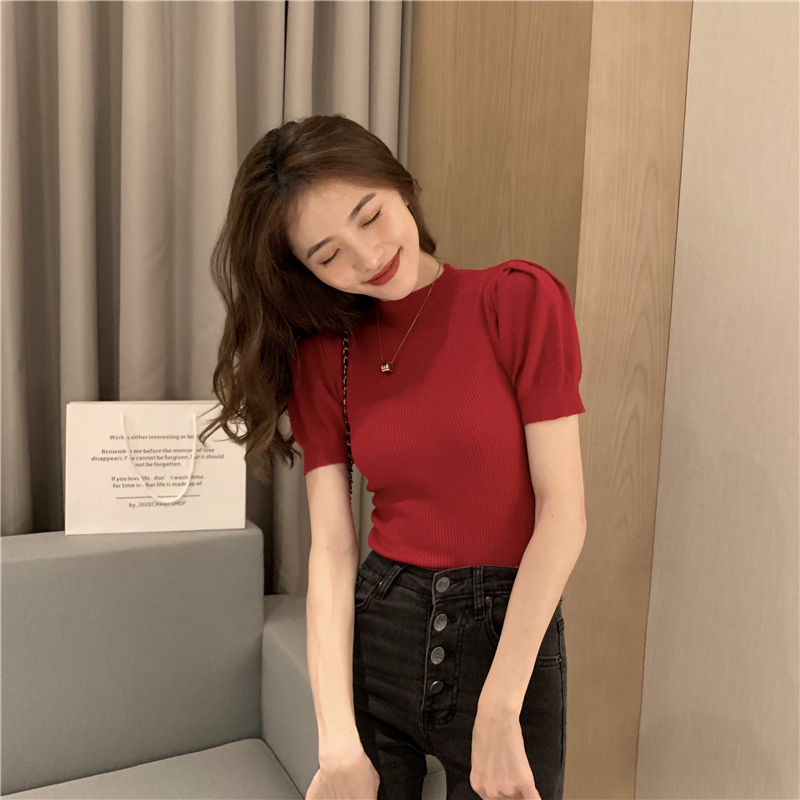 Knitted retro short sleeve summer puff sleeve tops