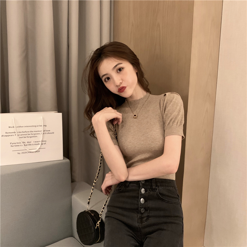 Knitted retro short sleeve summer puff sleeve tops