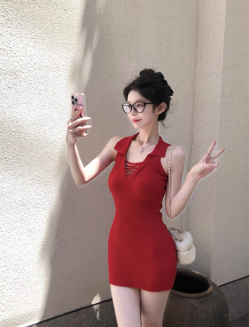 Slim short knitted dress package hip enticement vest