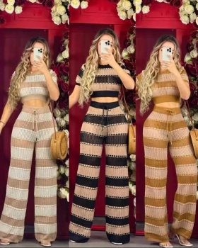 Summer short sleeve mixed colors wide leg pants