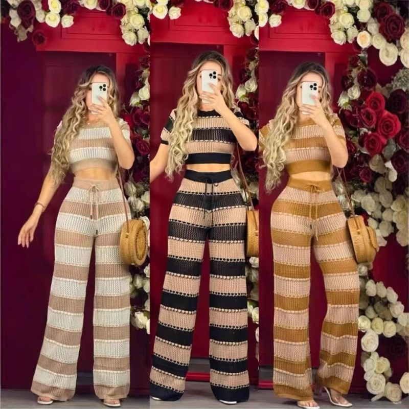 Summer short sleeve mixed colors wide leg pants