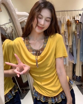 Short sleeve American style small shirt Pseudo-two plaid tops